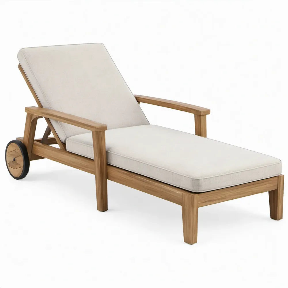 Verstelbaar ligbed met wielen van massief teakhout, beige, 200 x 70 x 35 cm