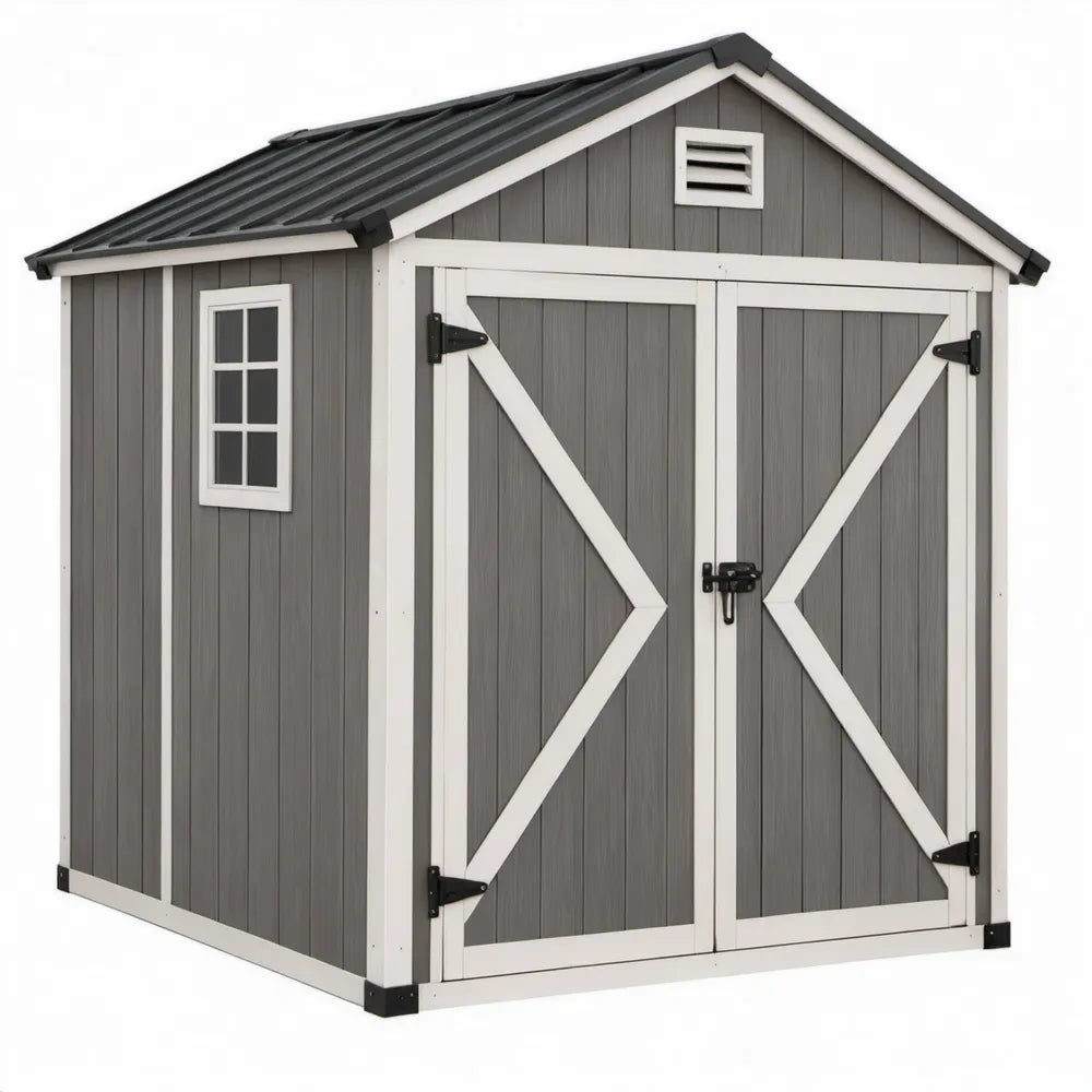 Kunststof tuinschuur met dubbele draaideur, raam en ventilatierooster 190 x 121 x 183 cm – Grijs/Wit/Zwart