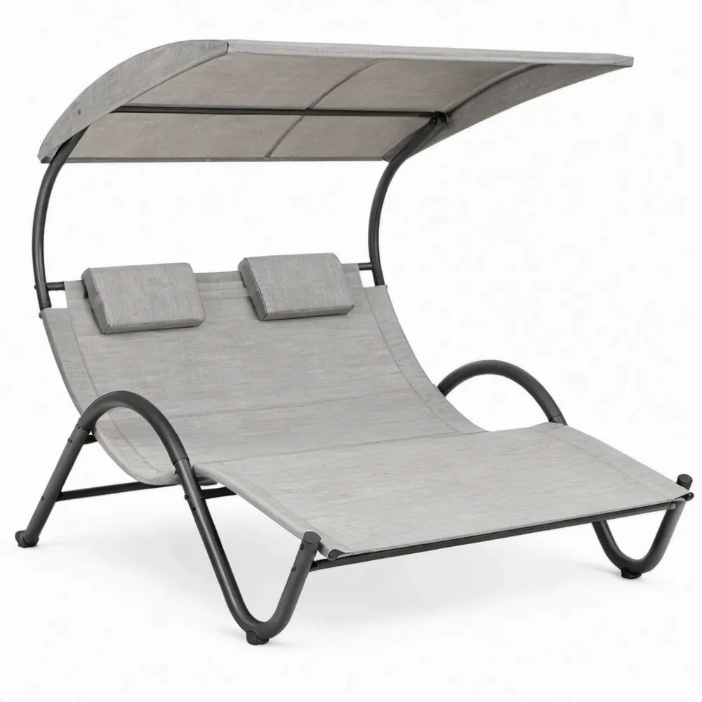 Dubbel ligbed met zonnedak en 2 hoofdsteunen 200 x 140 x 190 cm grijs en zwart