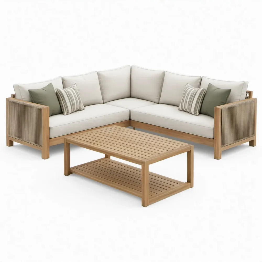 3-delige hoekloungeset van acaciahout met crèmekleurige kussens en salontafel, 190 x 190 cm