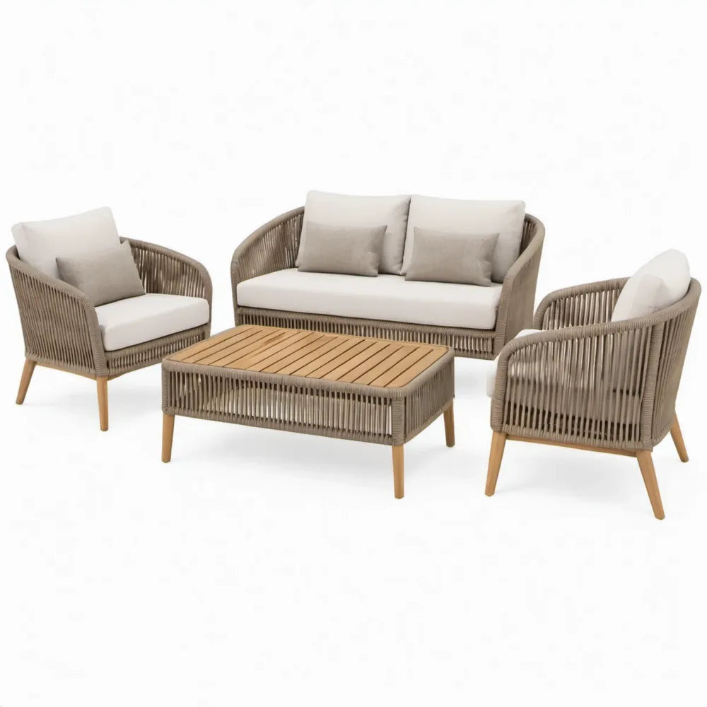 4-delige tuinloungeset in Taupe, Beige en Naturel – 2 fauteuils, 2-zitsbank en salontafel van acaciahout en PE-touw