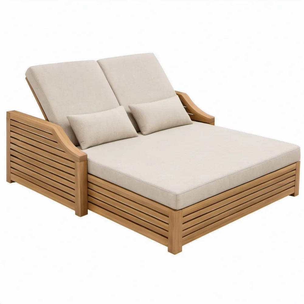 Tweepersoons ligbed met verstelbare rugleuningen, acaciahout en beige kussens, 200 x 140 x 85 cm