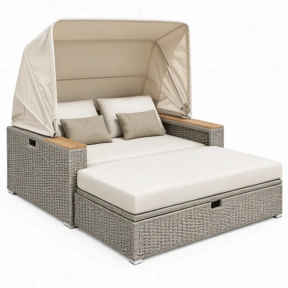 Tweepersoons ligbed met verstelbaar zonnedak, 205 x 150 x 150 cm, grijs en beige