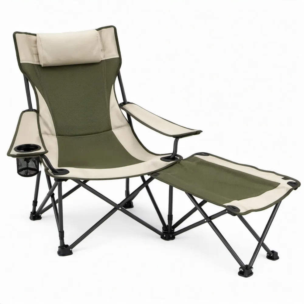 Opvouwbare campingstoel met afneembare voetensteun, hoofdsteun en bekerhouder 90 x 60 x 110 cm - Groen/Crème/Zwart