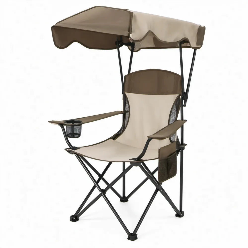 Opvouwbare campingstoel met zonnescherm, bekerhouder en opbergvak – 60 x 50 x 130 cm – Beige/Bruin/Zwart