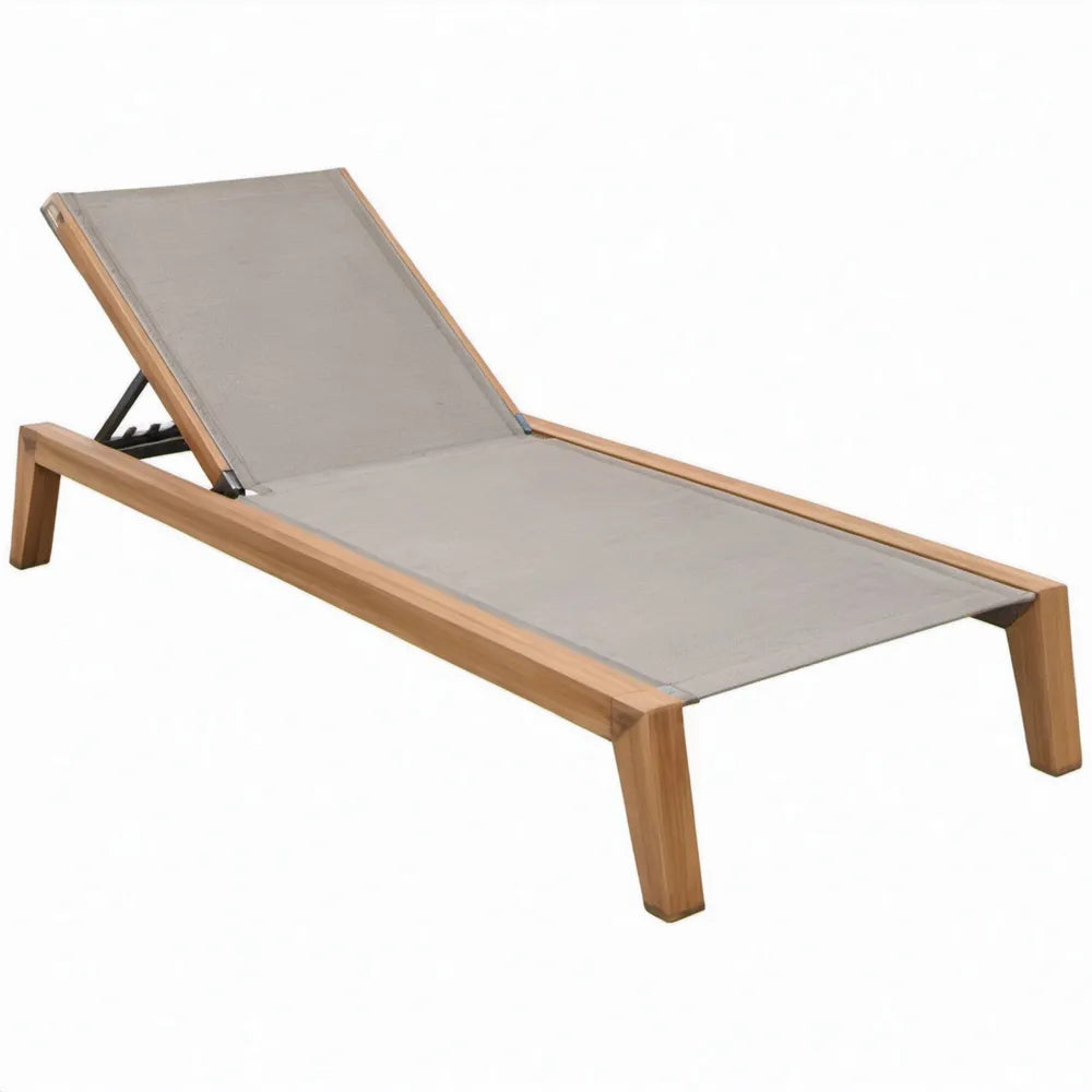 Verstelbaar teakhouten ligbed met taupekleurig textilene, 200 x 65 x 35 cm