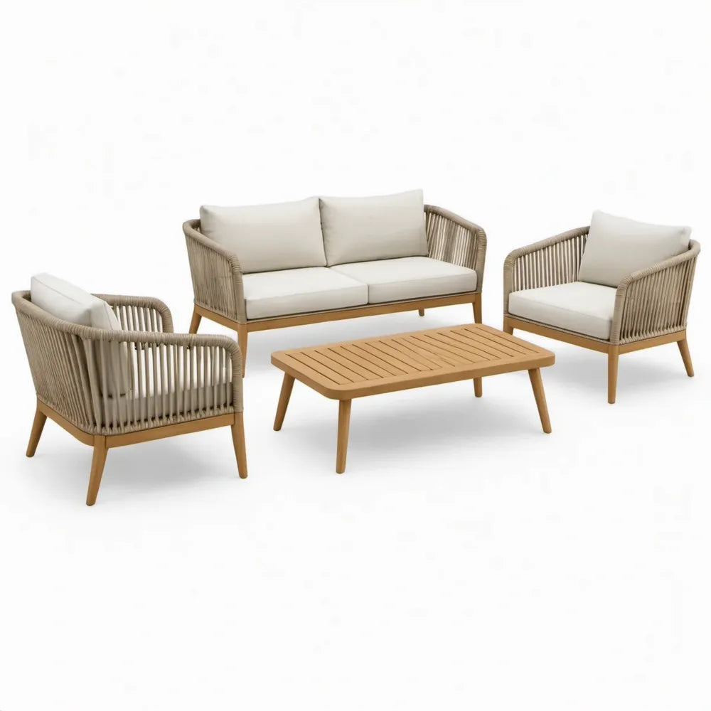 4-delige tuinloungeset met 2-zitsbank, 2 fauteuils en salontafel, 140 x 77 x 78 cm, naturel, beige en gebroken wit