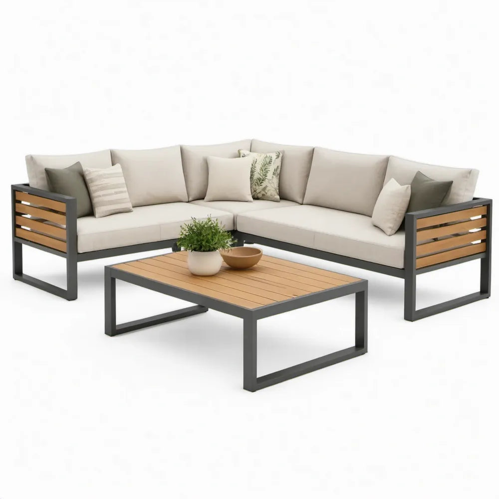 3-delige hoekloungeset met salontafel 240 x 240 cm – Antraciet, naturel en crème