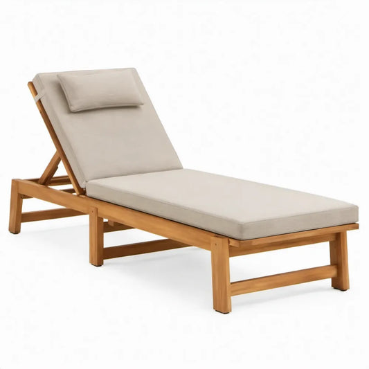 Verstelbaar ligbed 200 x 65 x 30 cm met acaciahouten frame, beige kussens en hoofdkussen