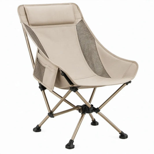 Opvouwbare campingstoel met hoge rugleuning en hoofdsteunkussen, 78 x 55 x 90 cm, beige/taupe