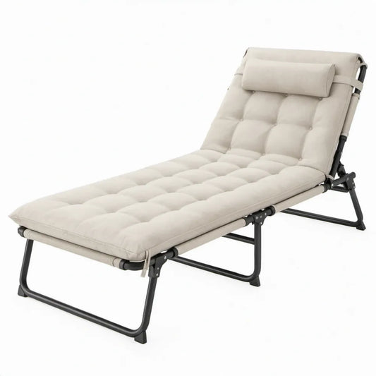 Inklapbaar verstelbaar ligbed 190 x 60 x 30 cm met hoofdsteunkussen, beige/zwart