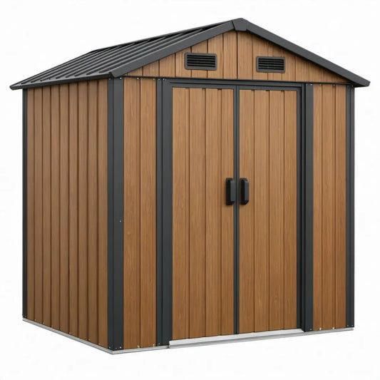 Metalen tuinhuis 213 x 130 x 185 cm met dubbele deur in houtlook bruin/antraciet