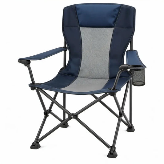 Opvouwbare campingstoel met armleuningen, bekerhouder en opbergvak – Donkerblauw/Grijs/Zwart, 58 x 60 x 95 cm