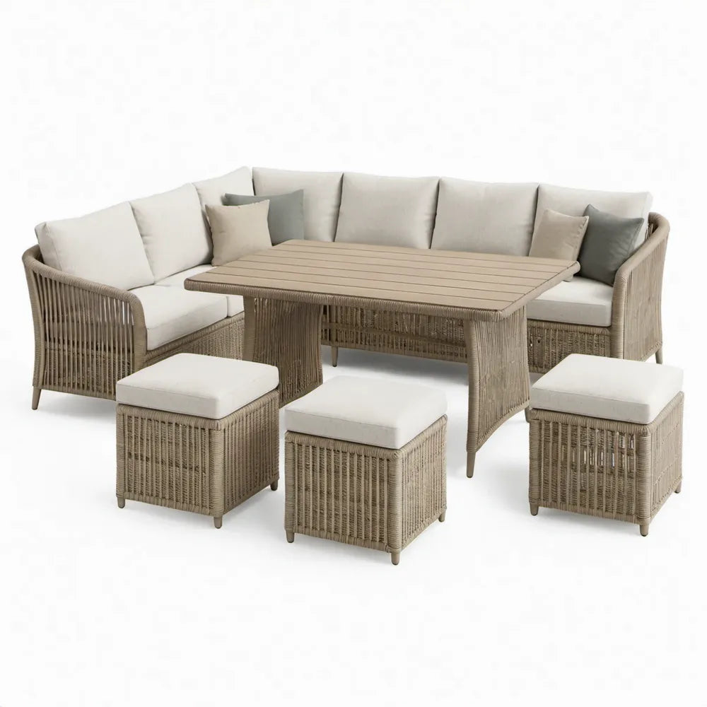 Taupe/Beige Rattan Hoekset met Tafel en 3 Krukken, 240 x 180 cm