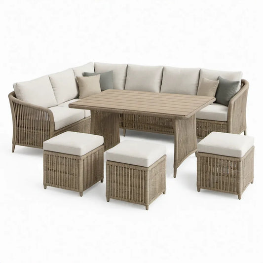 Taupe/Beige Rattan Hoekset met Tafel en 3 Krukken, 240 x 180 cm