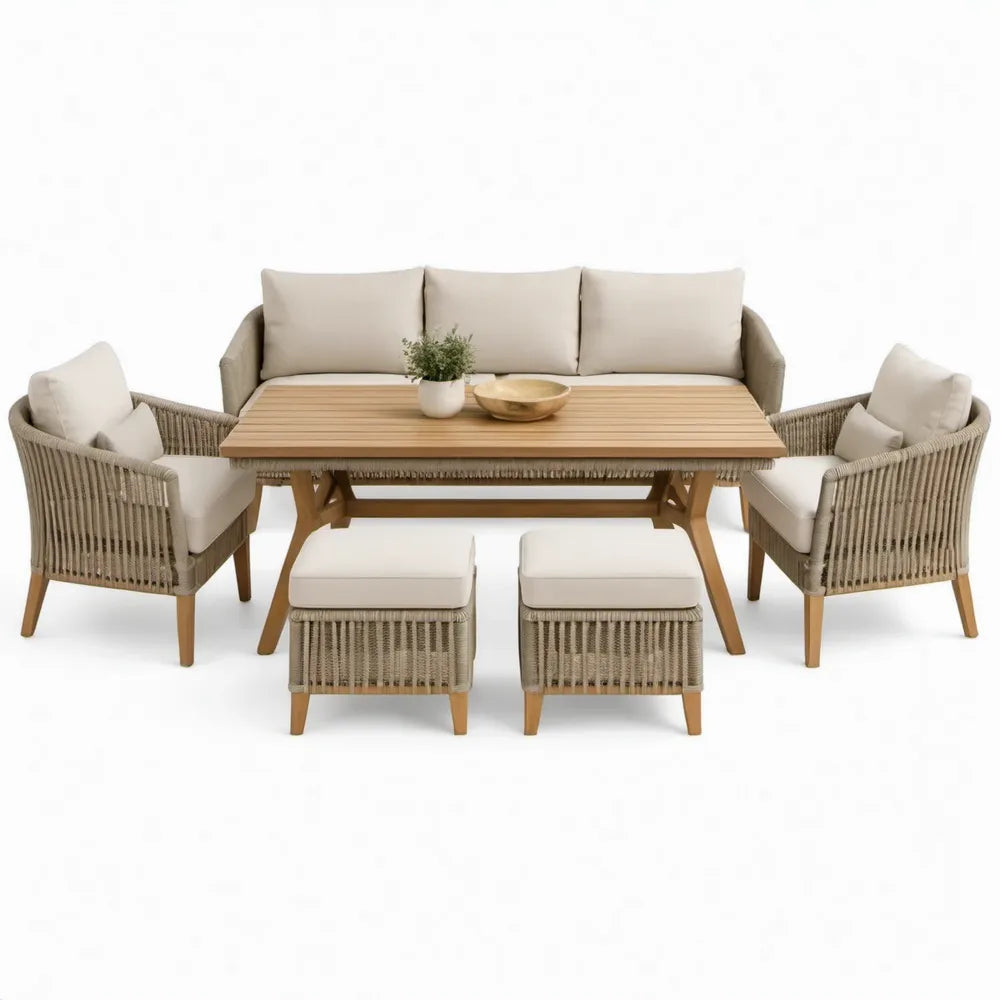 6-delige tuinset met 3-zitsbank, 2 fauteuils, 2 voetenbanken en tafel 160 x 80 x 45 cm – Beige/Naturel