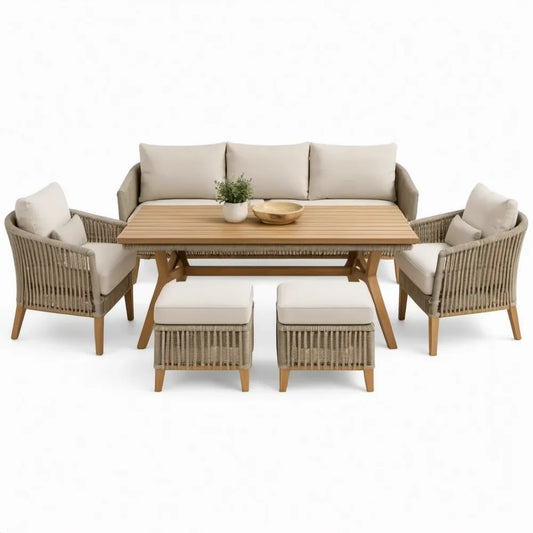 6-delige tuinset met 3-zitsbank, 2 fauteuils, 2 voetenbanken en tafel 160 x 80 x 45 cm – Beige/Naturel