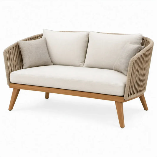 Gebogen 2-zits tuinbank van massief acaciahout met PP-koord, naturel/bruin/beige/crème, 145 x 75 x 78 cm