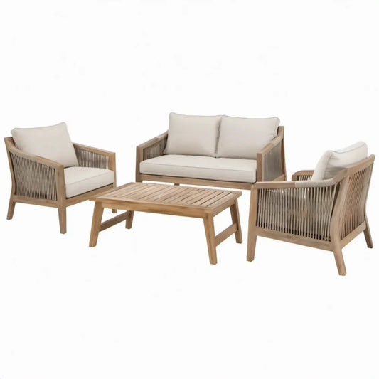 4-delige tuinloungeset van massief acaciahout met beige kussens, 2 fauteuils, 2-zitsbank en salontafel