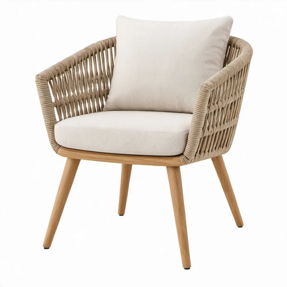 Loungestoel met armleuningen, acaciahout en gevlochten touw, 72 x 67 x 78 cm, taupe/naturelbruin/gebroken wit