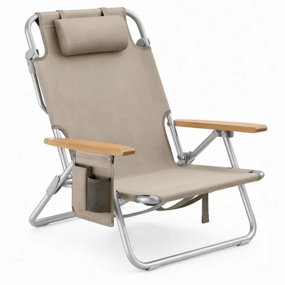 Inklapbare verstelbare campingstoel met hoofdsteun en zijvak, beige/zilver/naturel, 67 x 58 x 95 cm