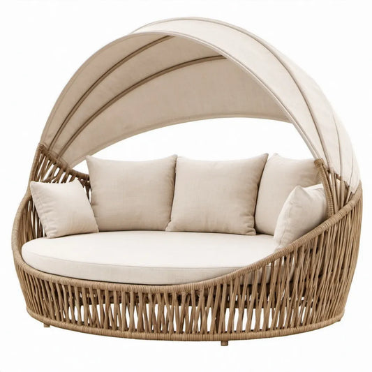 Rond tweepersoons ligbed met verstelbare kap, 180 x 180 x 200 cm, beige