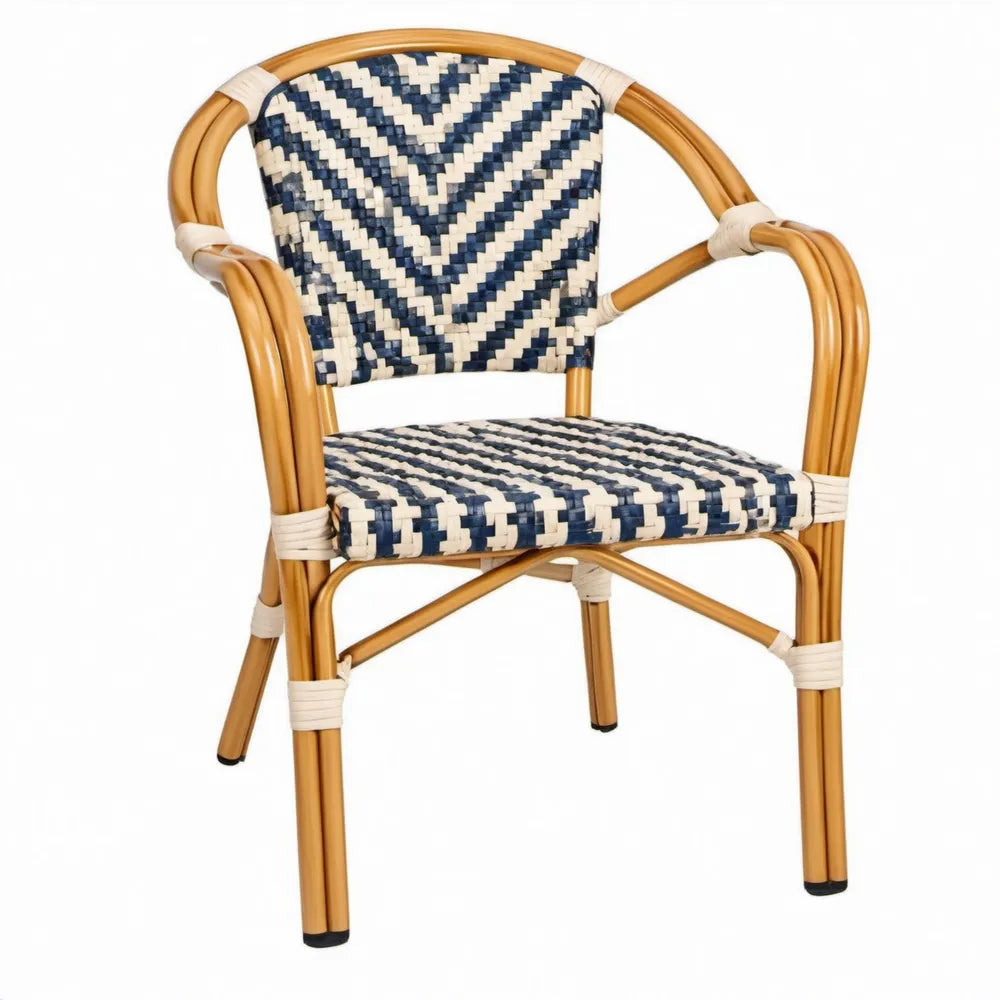Bistrostoel met armleuningen, 57 x 60 x 88 cm, honingbruin/blauw/crème, PE-rotan en aluminium