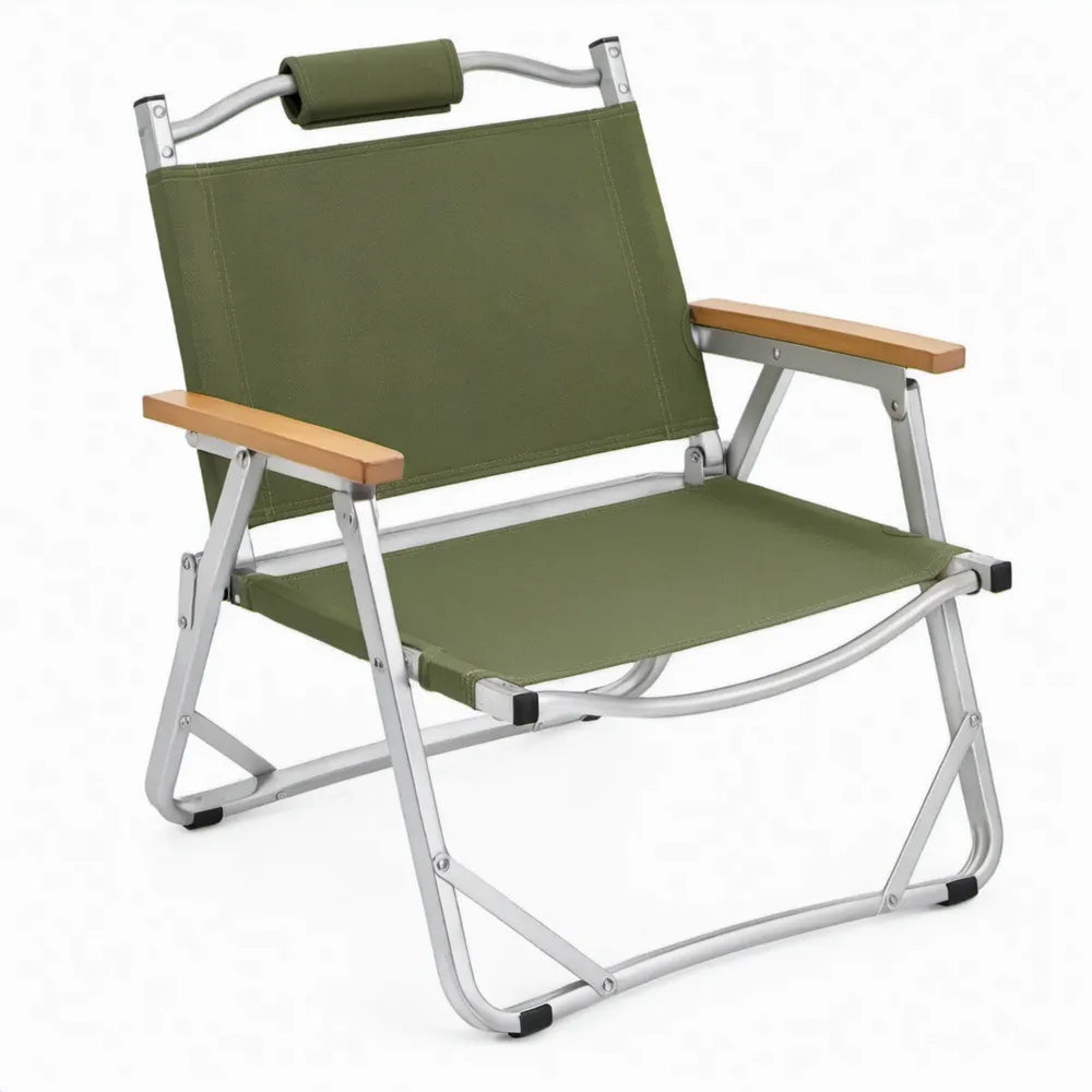 Opvouwbare campingstoel met hoofdsteun – Olijfgroen, zilver en naturel – 56 x 60 x 78 cm