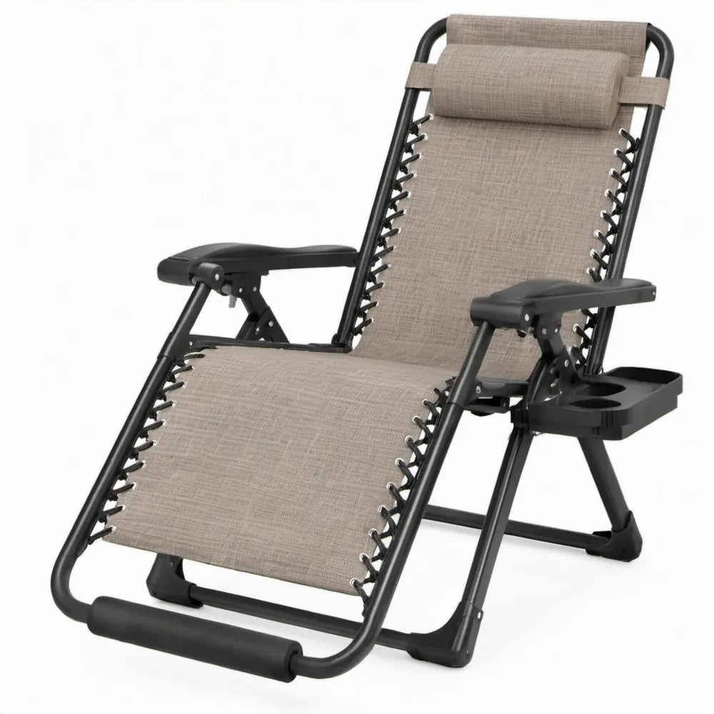 Verstelbare Zero Gravity-ligstoel met hoofdsteun en bekerhouder, taupe/zwart, 165 x 65 x 110 cm