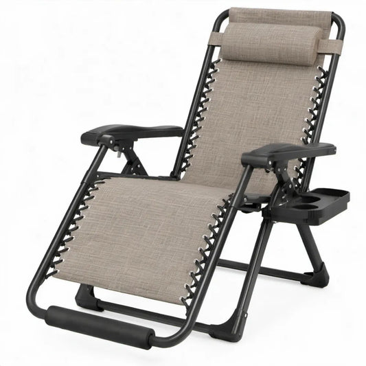 Verstelbare Zero Gravity-ligstoel met hoofdsteun en bekerhouder, taupe/zwart, 165 x 65 x 110 cm