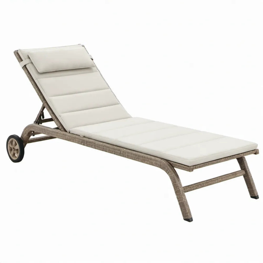 Beige PE-rattan ligbed met wielen, verstelbare rugleuning en crème wit kussen, 200 x 65 x 35 cm