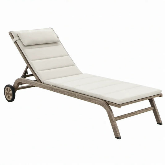 Beige PE-rattan ligbed met wielen, verstelbare rugleuning en crème wit kussen, 200 x 65 x 35 cm
