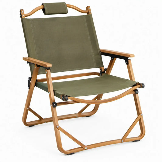Opvouwbare campingstoel met armleuningen en hoofdsteun, 58 x 52 x 82 cm, olijfgroen/houtbruin