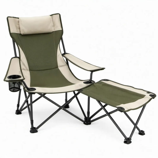 Opvouwbare campingstoel met afneembare voetensteun, hoofdsteun en bekerhouder 90 x 60 x 110 cm - Groen/Crème/Zwart