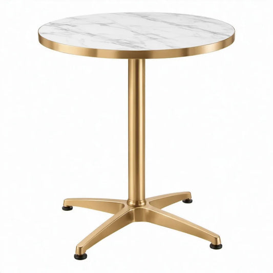 Ronde tuintafel Ø80 x 75 cm met wit marmerlook blad en goudkleurig aluminium onderstel