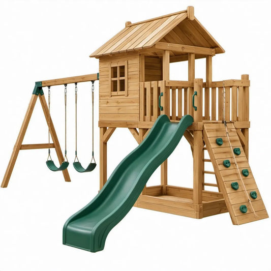 Houten speelhuis met dubbele schommel, glijbaan en klimwand – 500 x 400 x 330 cm – Naturel/Groen