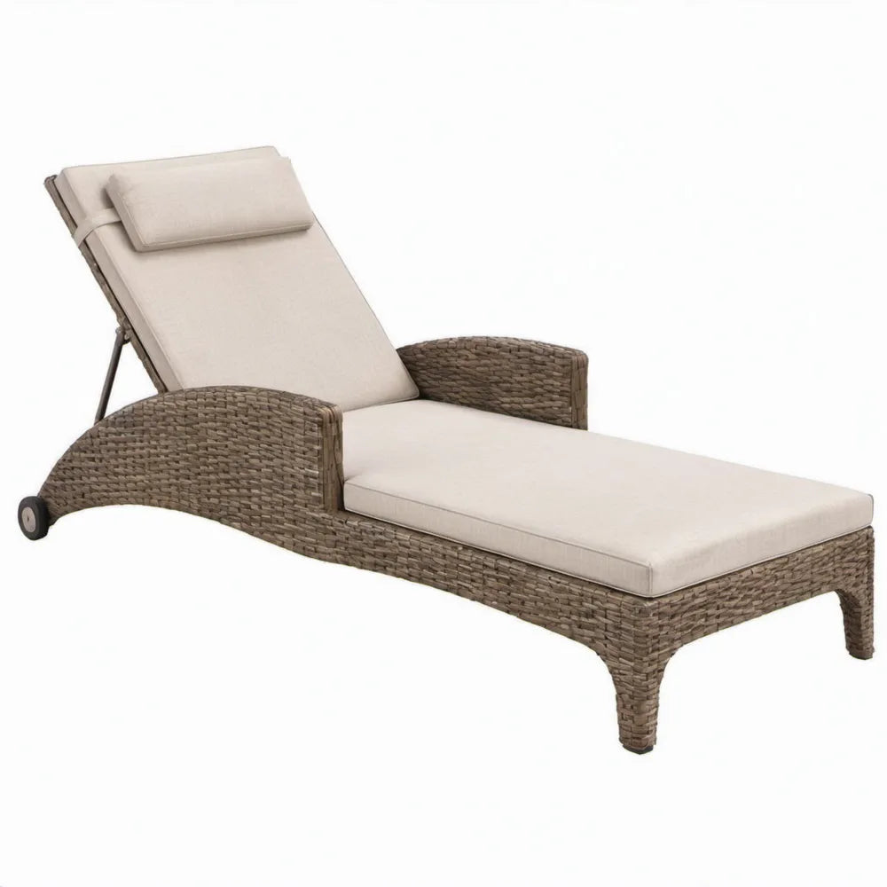 Ligbed met verstelbare rugleuning en wielen, 200 x 70 x 35 cm, taupe PE-rattan met crèmekleurige kussens