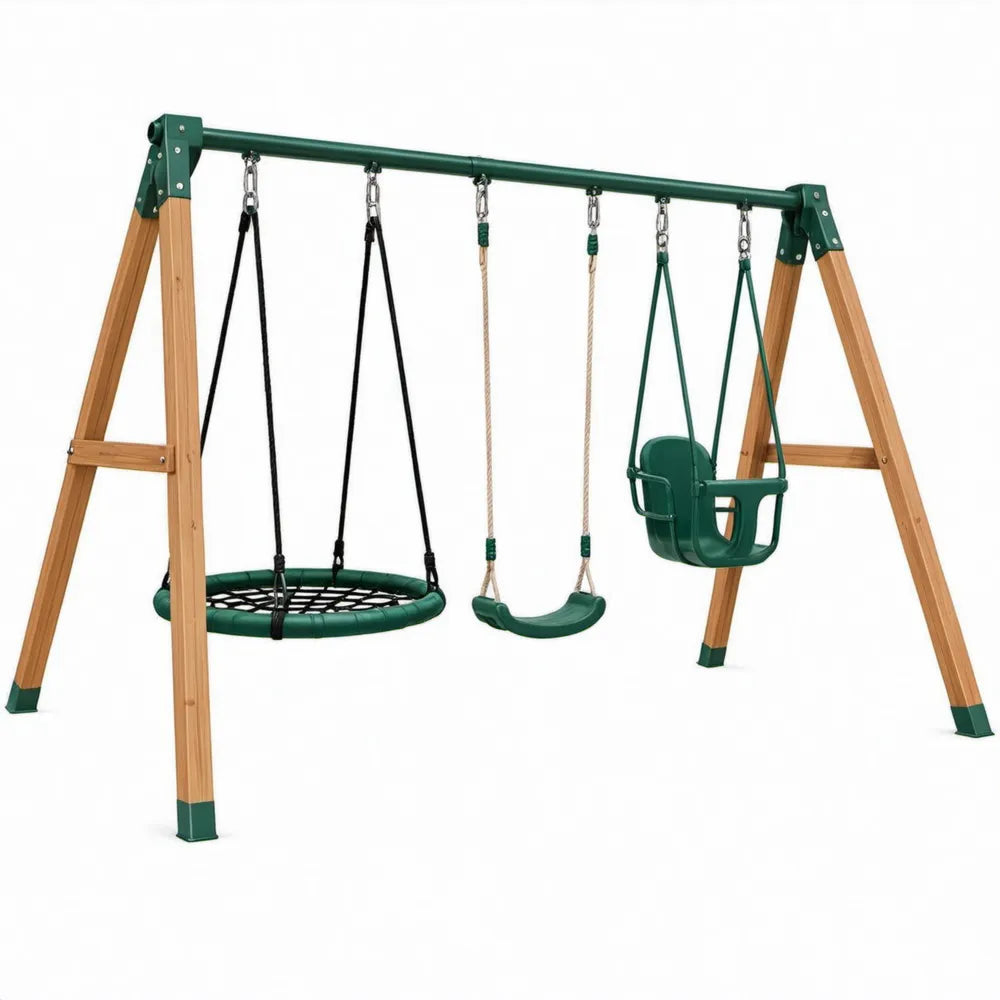 Houten A-frame met nestschommel, schommelzitje en peuterzitting 313 x 155 x 210 cm