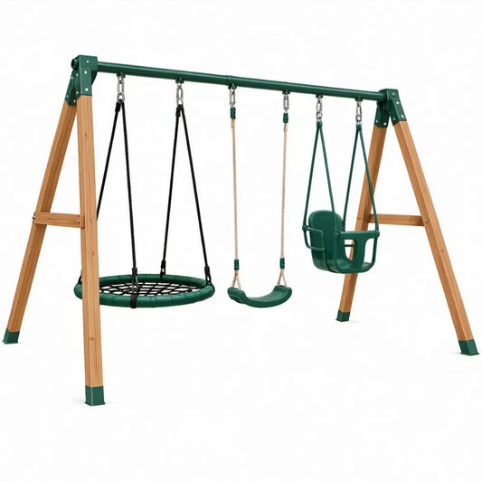 Houten A-frame met nestschommel, schommelzitje en peuterzitting 313 x 155 x 210 cm