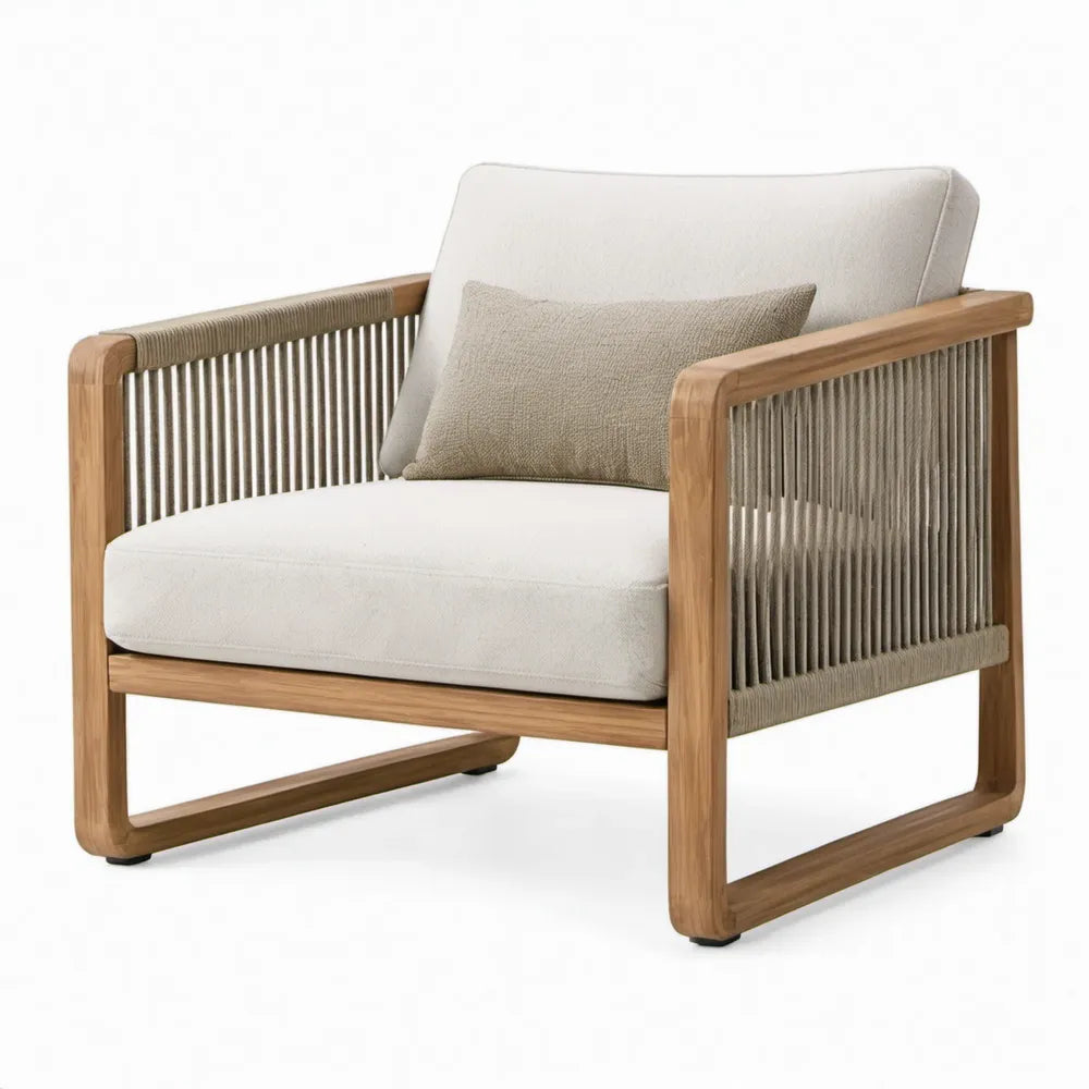 Tuinfauteuil van massief teakhout met beige kussens, 80 x 78 x 76 cm