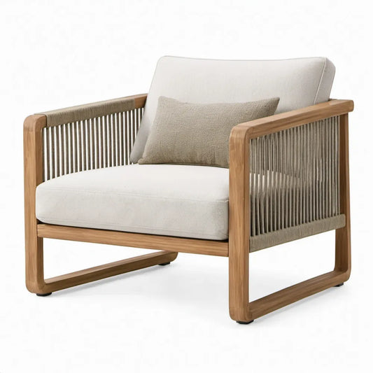 Tuinfauteuil van massief teakhout met beige kussens, 80 x 78 x 76 cm