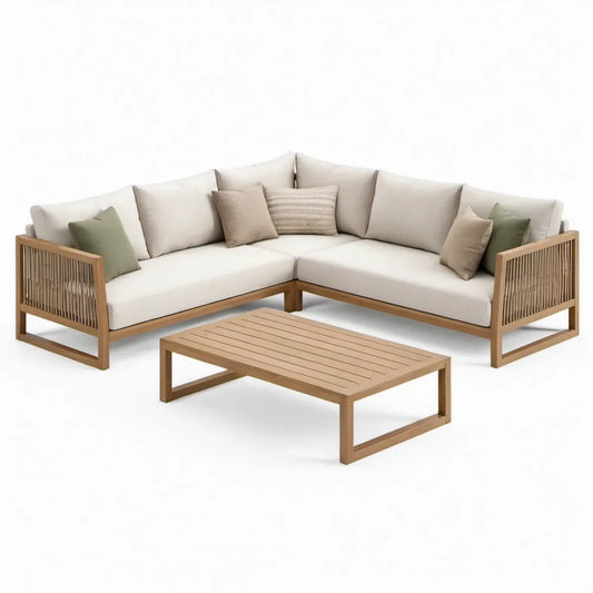 3-delige hoekloungeset met salontafel, 220 x 220 cm, naturel acaciahout met beige kussens