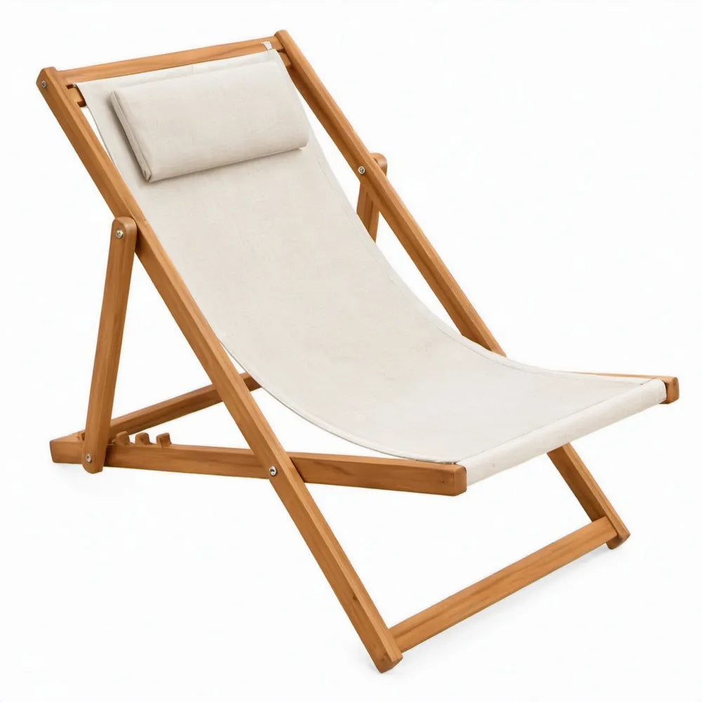 Verstelbare opvouwbare ligstoel van beukenhout met katoenen canvas en hoofdsteun, naturel bruin/gebroken wit, 120 x 60 x 85 cm