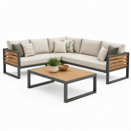 3-delige hoekloungeset met salontafel 240 x 240 cm – Antraciet, naturel en crème
