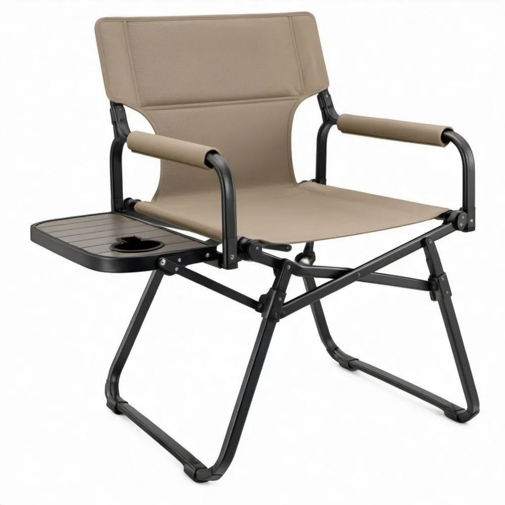 Inklapbare campingstoel met zijtafel en bekerhouder, 85 x 50 x 85 cm, beige/zwart