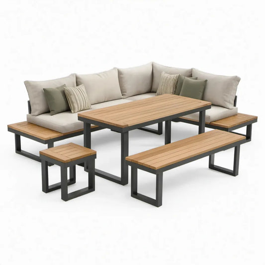 7-delige hoekloungeset met tafel, bank en kruk, acaciahout, zwart/naturel/zandbeige/groen, 235 x 235 cm
